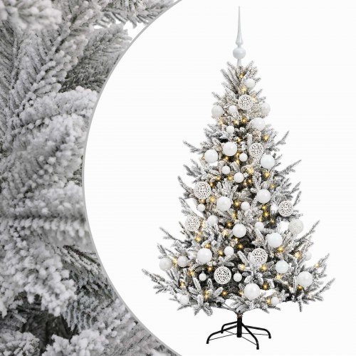 Kunstigt juletræ med LED-lys og kugler 150 cm - grøn/hvid