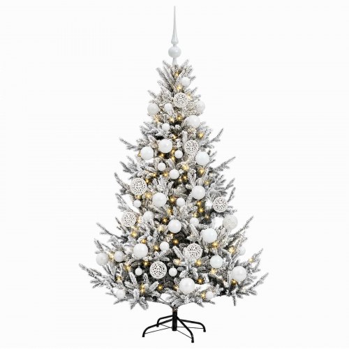Kunstigt juletræ med LED-lys og kugler 150 cm - grøn/hvid