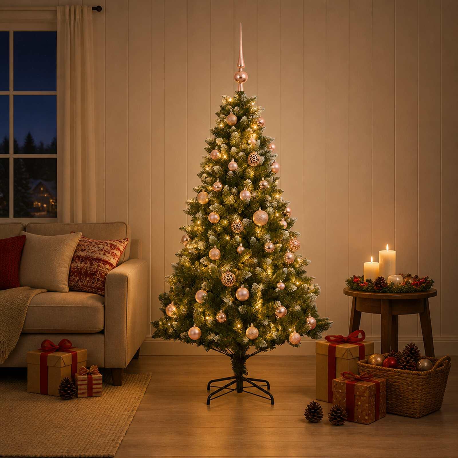 Kunstig juletræ med kugler 150 LED'er Varm hvid 120 cm, med LED og pink kugler