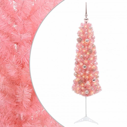 Kunstigt slankt juletræ med LED og kugler - lyserød, 120 cm