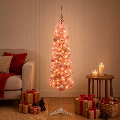 Kunstigt slankt juletræ med LED og kugler - lyserød, 120 cm