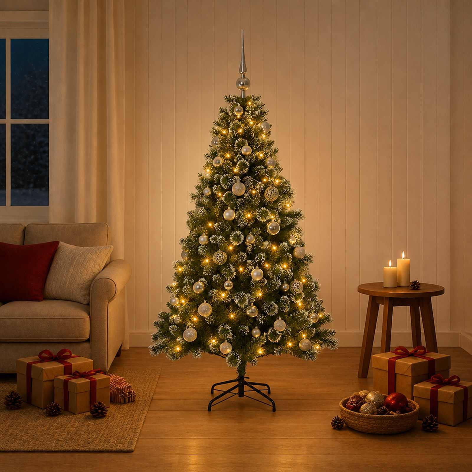 vidaXL Kunstigt juletræ med julekugle 150 cm 150 LED'er Varm hvid