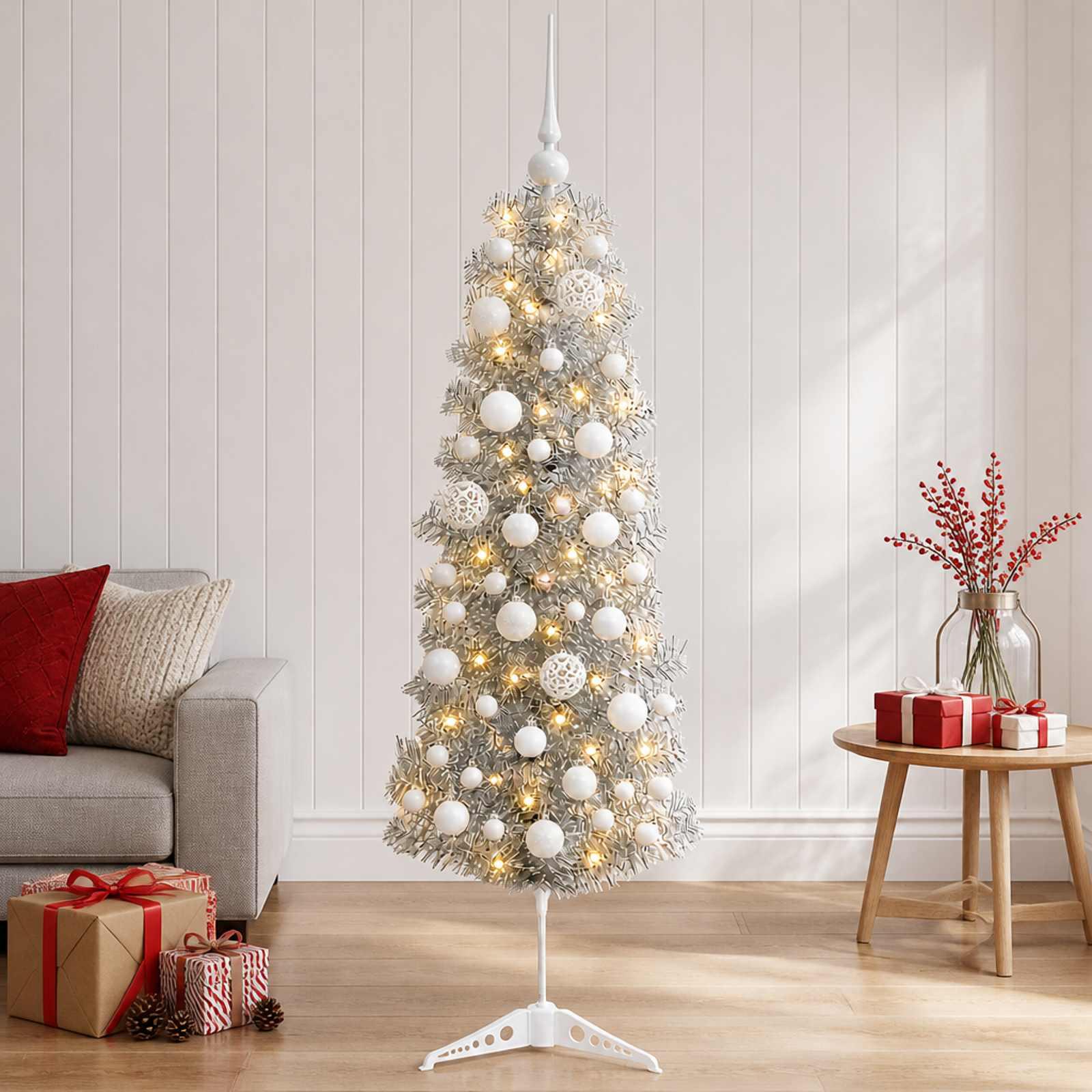 vidaXL Kunstigt slankt juletræ med julekugle 150 cm 150 LED'er