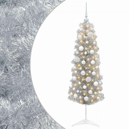 Slankt kunstigt juletræ med LED og julekugler - sølv, 150 cm