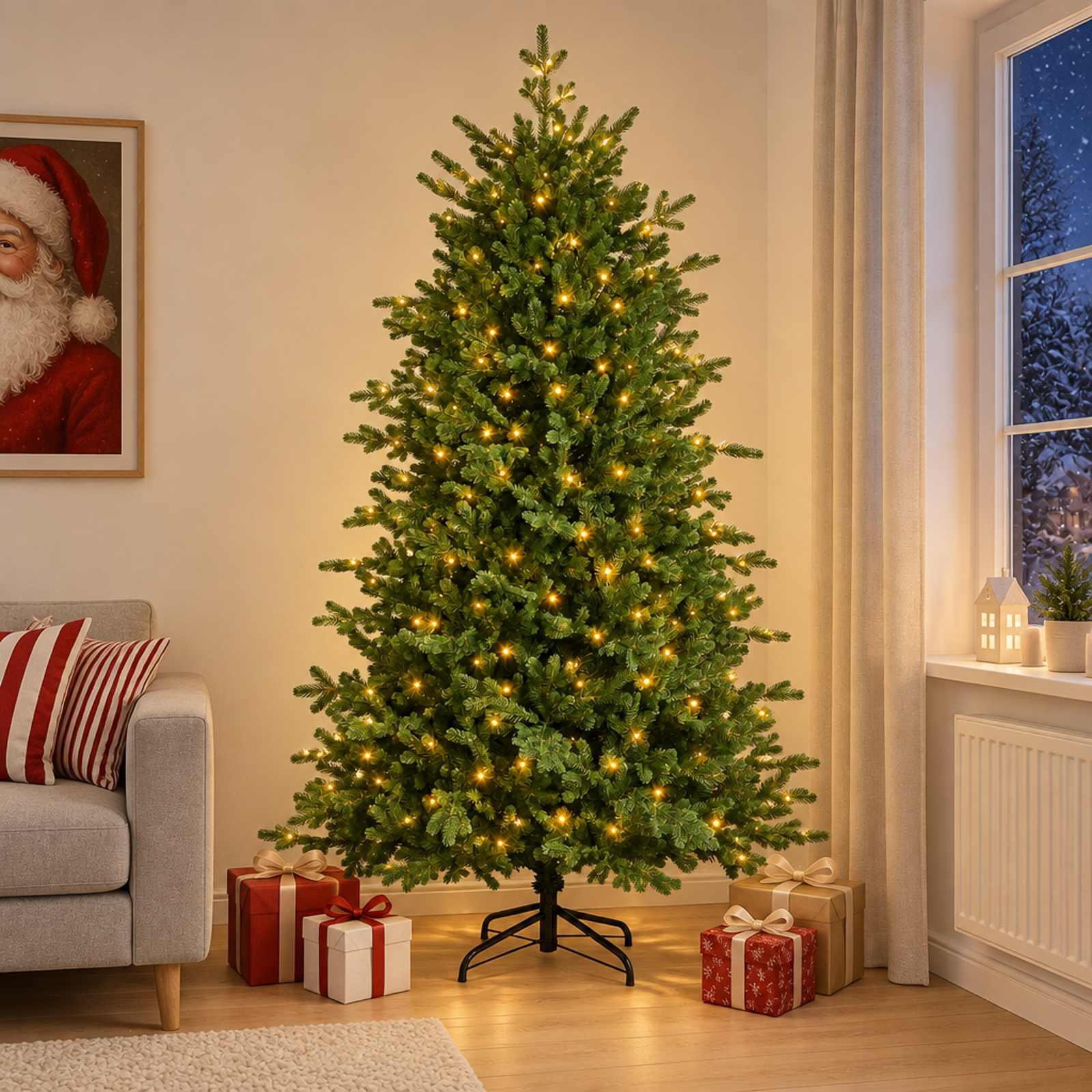 Kunstigt juletræ med hængslede grene 180 cm - 300 LED varm hvid