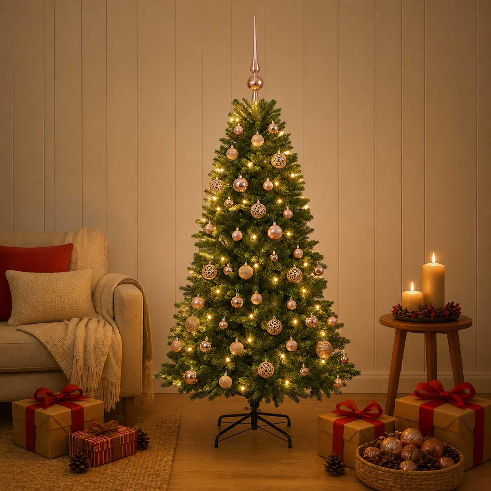 Kunstigt juletræ med kugler og LED-lys - 120 cm, varm hvid