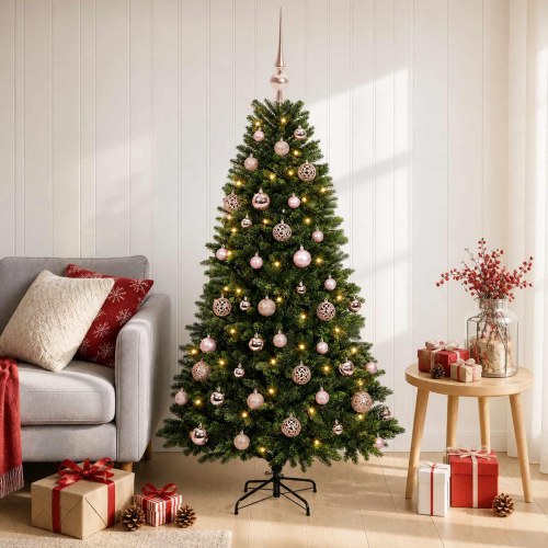 Kunstigt juletræ med kugler og LED-lys - 120 cm, varm hvid