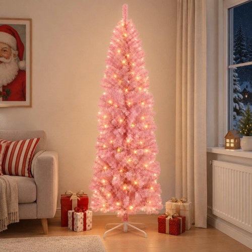 Kunstigt slankt juletræ 180 cm med 300 LED'er - lyserød