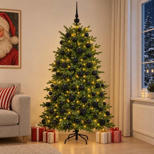 Kunstigt juletræ med LED-lyskæde og julekugler 240 cm - varm hvid