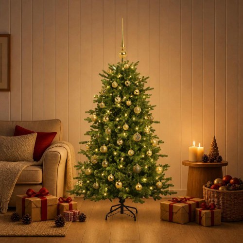 Kunstigt juletræ med julekugler og LED-lys 120 cm - varm hvid