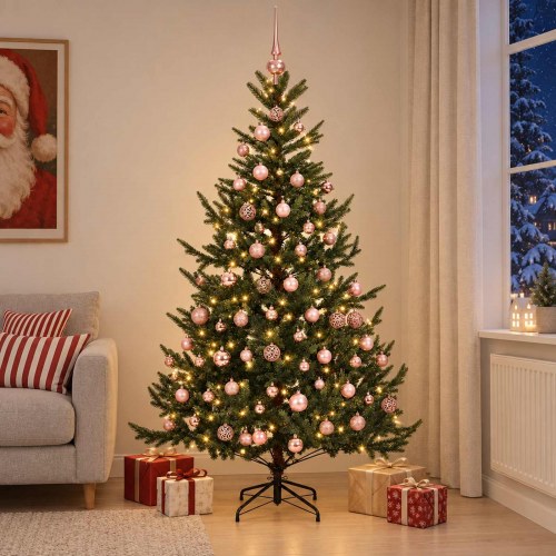 Kunstigt juletræ med julekugler og 300 LED'er - 180 cm, varm hvid
