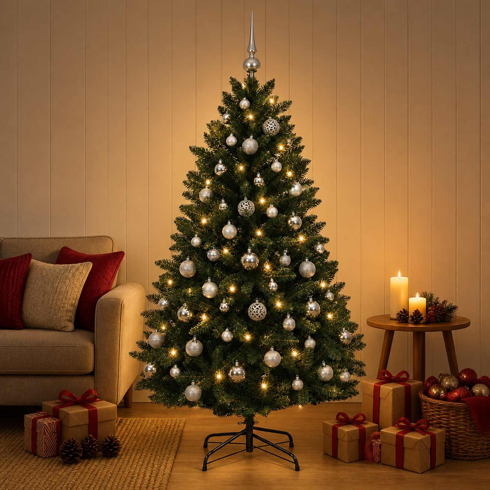 Kunstigt juletræ med LED-lyskæde og julekugler - mørkegrønt, 150 cm