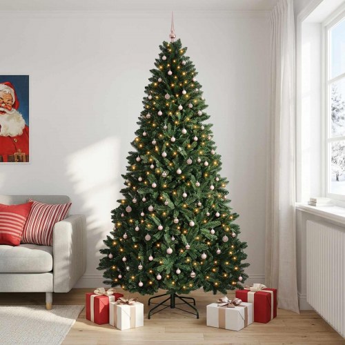Kunstigt juletræ med julekugler og 300 LED'er - mørkegrønt, 300 cm