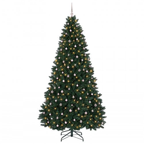 Kunstigt juletræ med julekugler og 300 LED'er - mørkegrønt, 300 cm