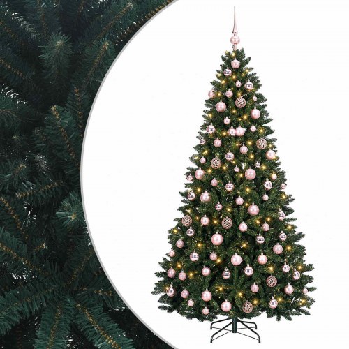 Kunstigt juletræ med LED og julekugler - mørkegrønt, 210 cm