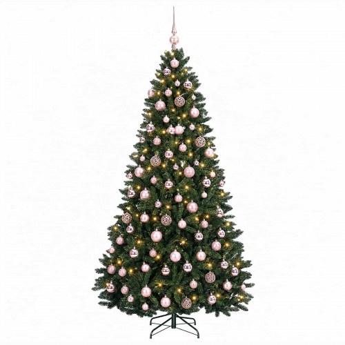 Kunstigt juletræ med LED og julekugler - mørkegrønt, 210 cm