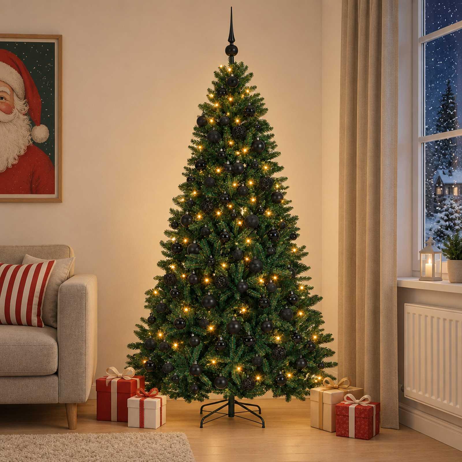 vidaXL Kunstigt juletræ mørkegrønt med julekugle 210 cm 300 LED'er