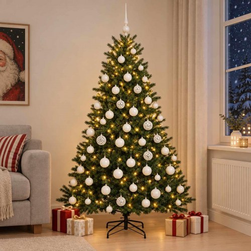 Kunstigt juletræ med julekugler 210 cm - 300 LED varm hvid