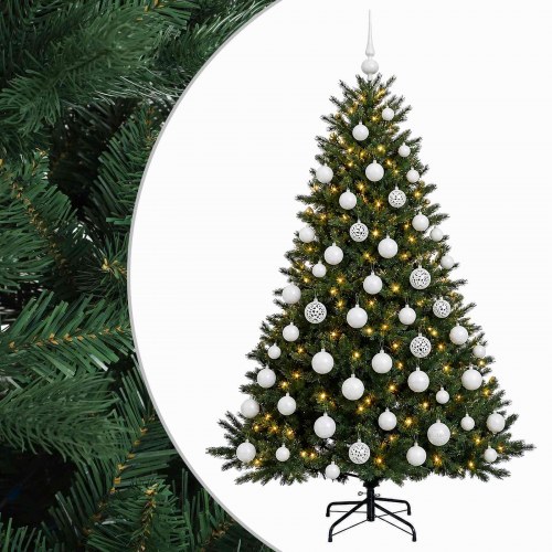 Kunstigt juletræ med julekugler 210 cm - 300 LED varm hvid