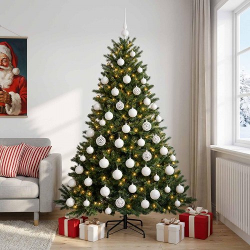Kunstigt juletræ med julekugler 210 cm - 300 LED varm hvid