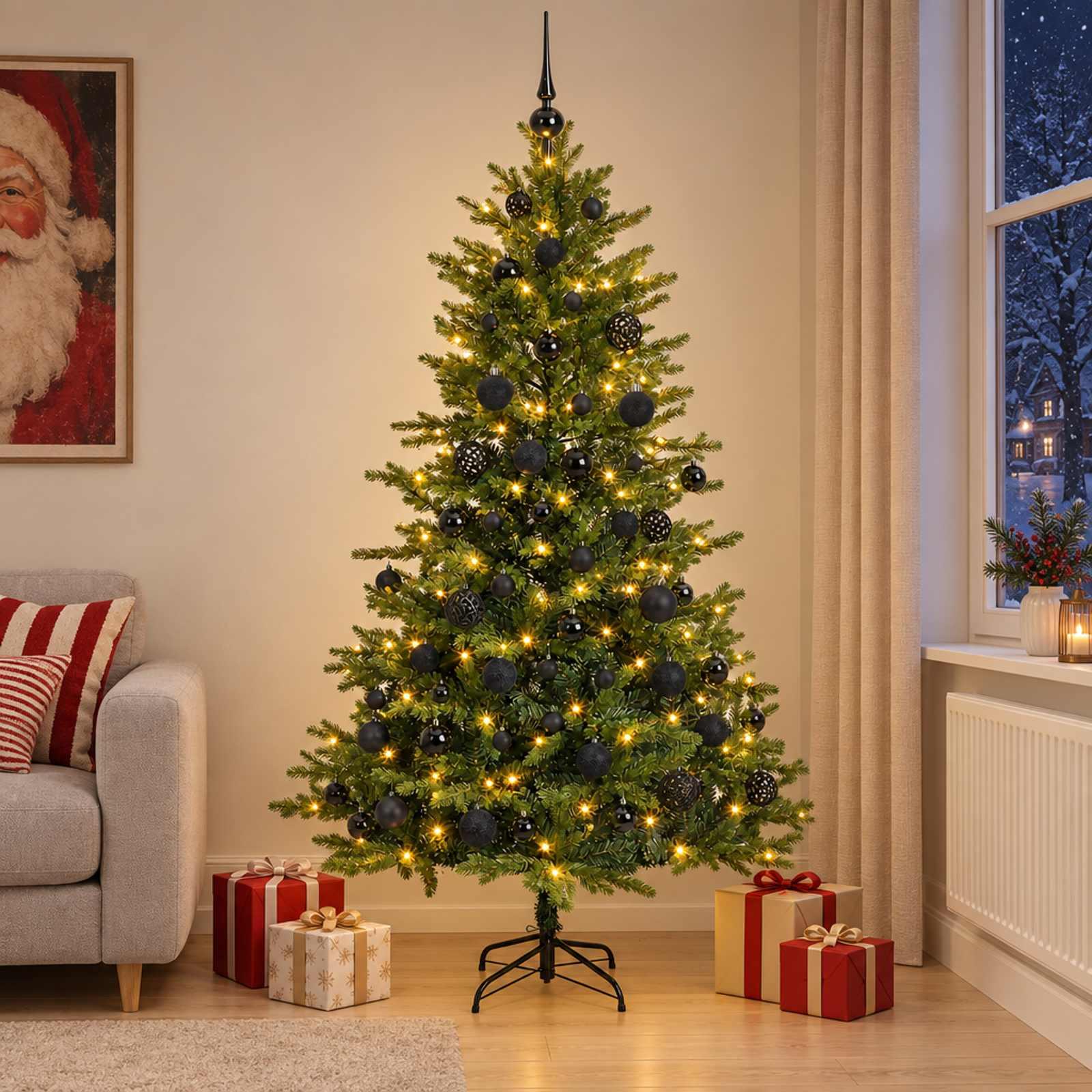 vidaXL Kunstig juletræ med kugler 180 cm 300 LED'er Varm hvid
