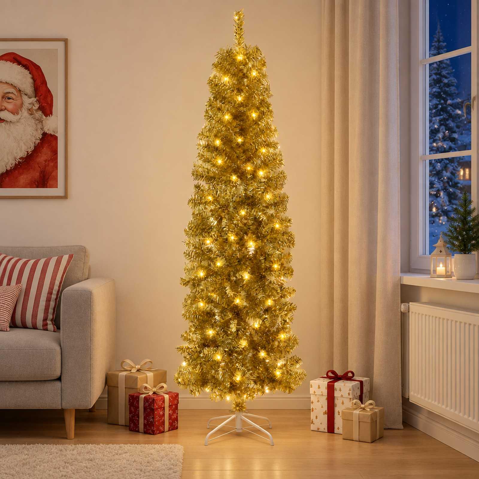 Kunstigt slankt juletræ med kugler 180 cm 300 LED'er Varm hvid 180 cm, med LED