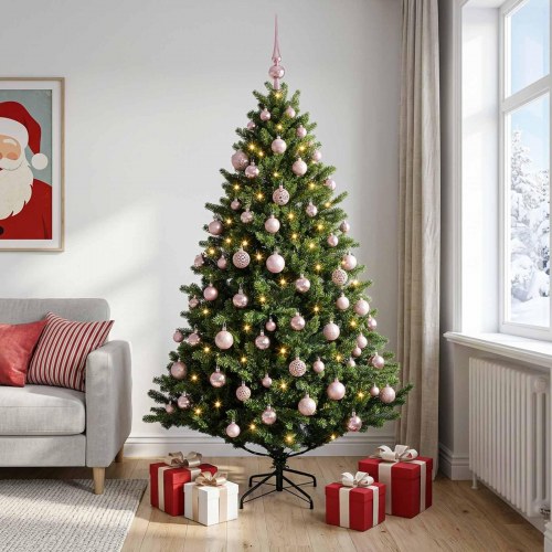 Kunstigt juletræ med kugler 210 cm - 300 LED varm hvid