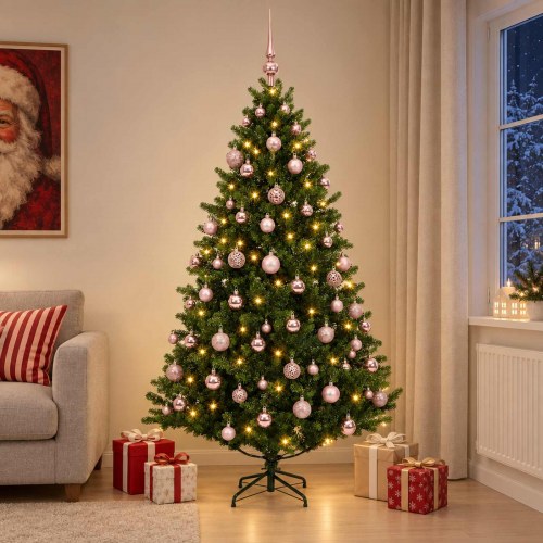Kunstigt juletræ med kugler 210 cm - 300 LED varm hvid