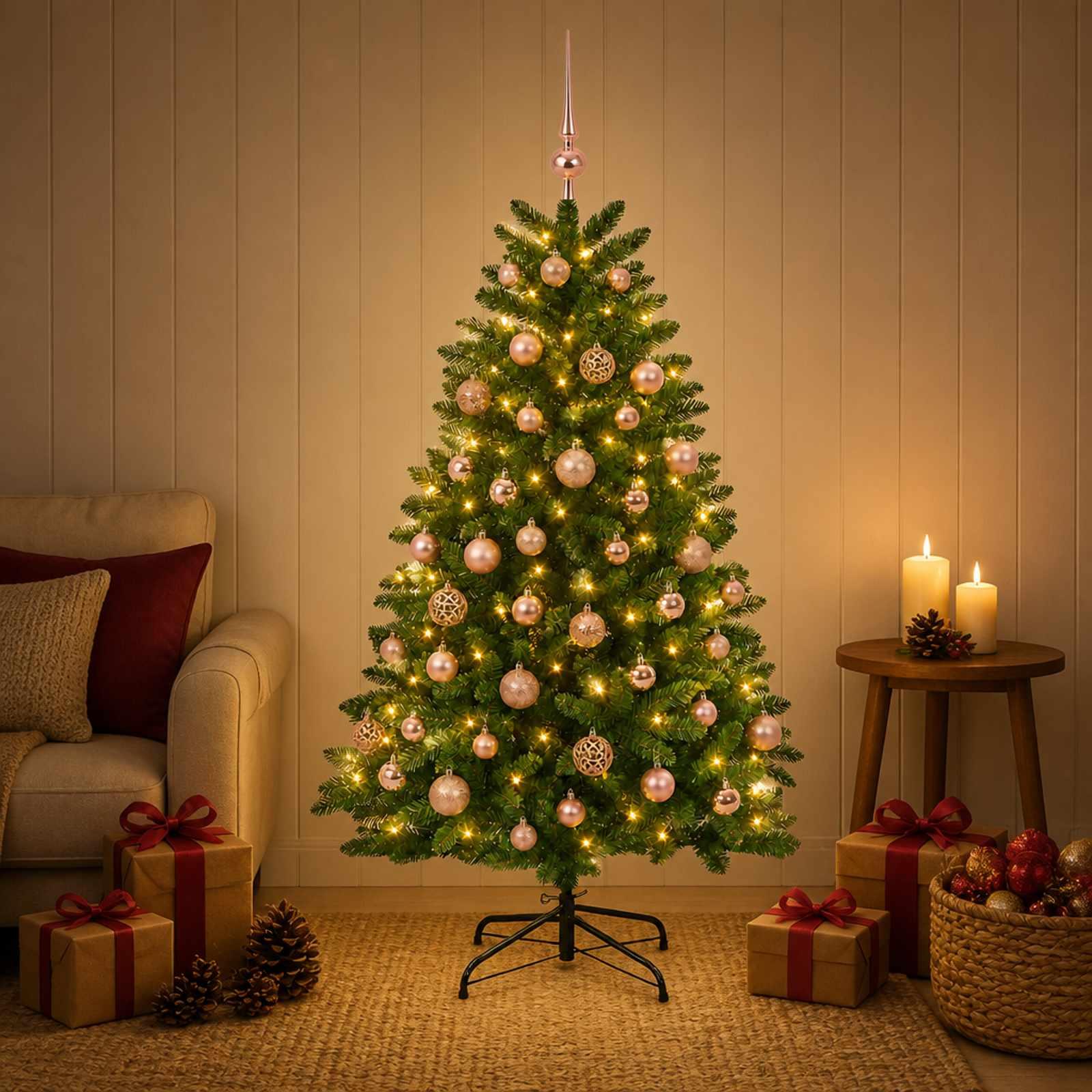 vidaXL Kunstigt juletræ mellemgrønt med julekugle 150 cm 150 LED'er