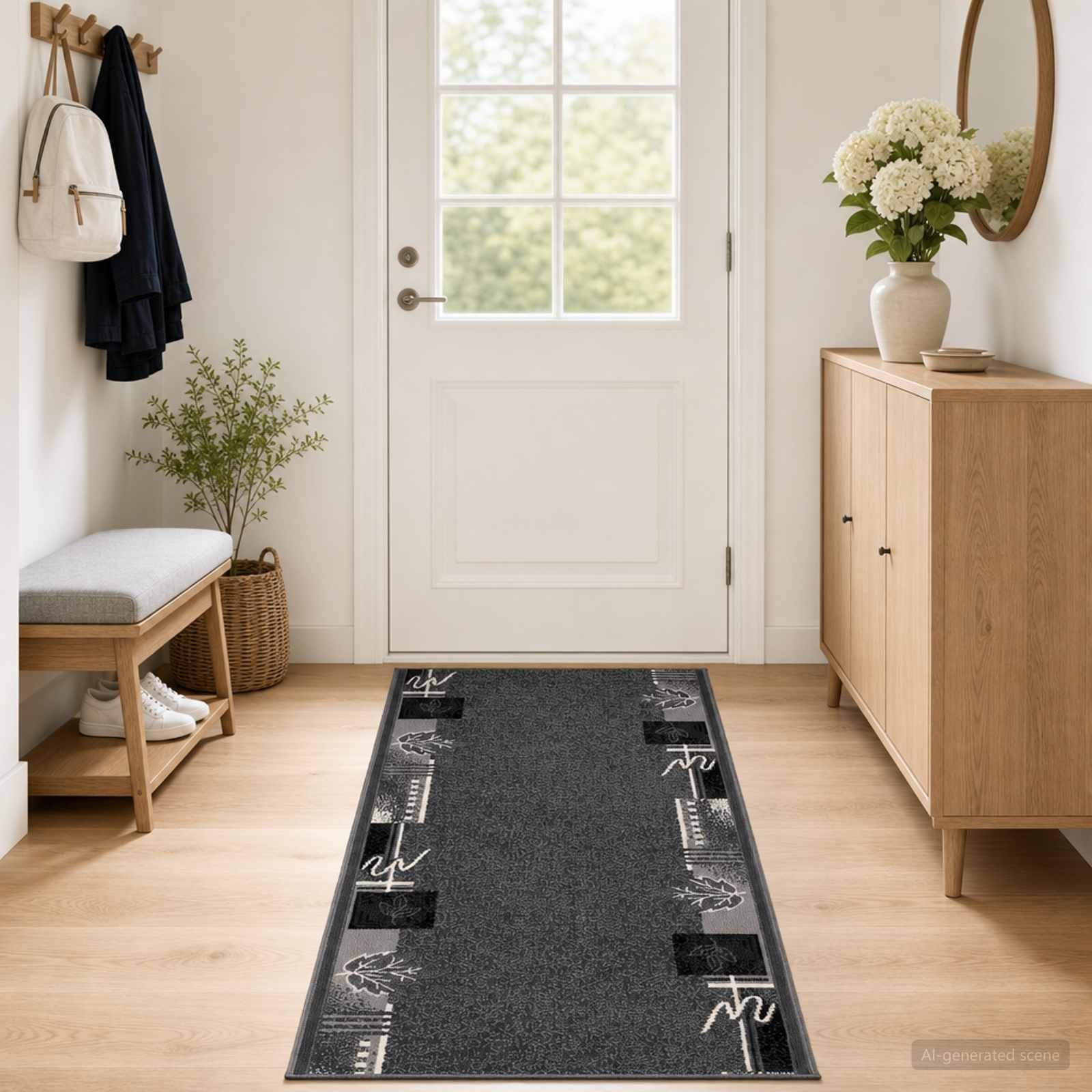 Løbertæppe FLORNES vævet med bladmønster - grå, 100 x 200 cm