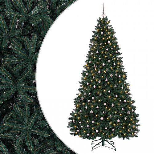 Kunstigt juletræ med LED og julekugler - mørkegrønt, 270 cm