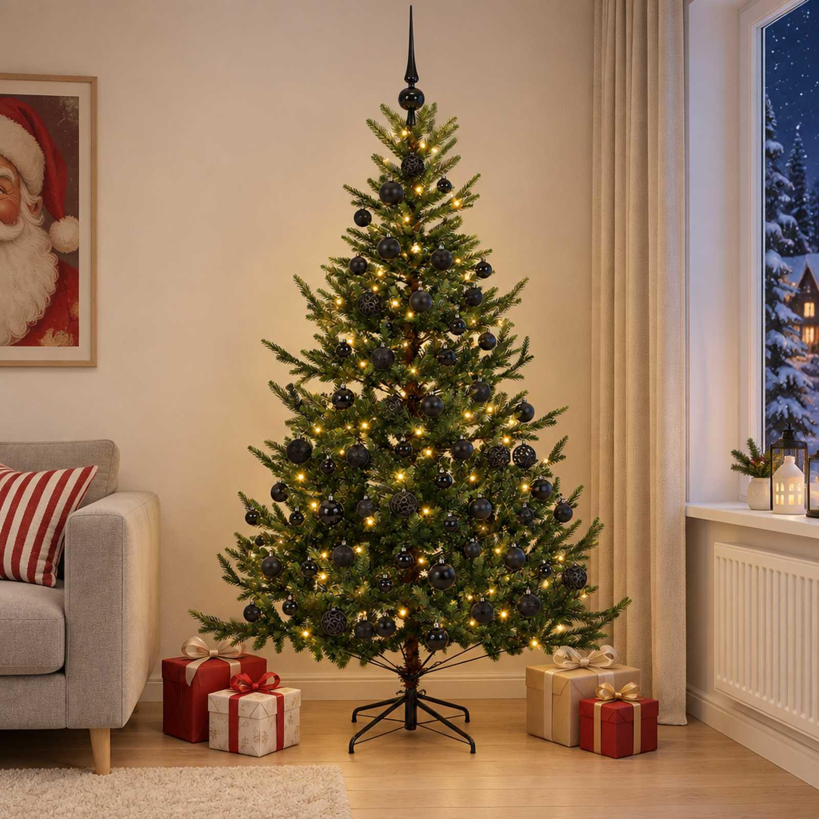 Kunstigt juletræ med julekugler og 300 LED 180 cm - varm hvid