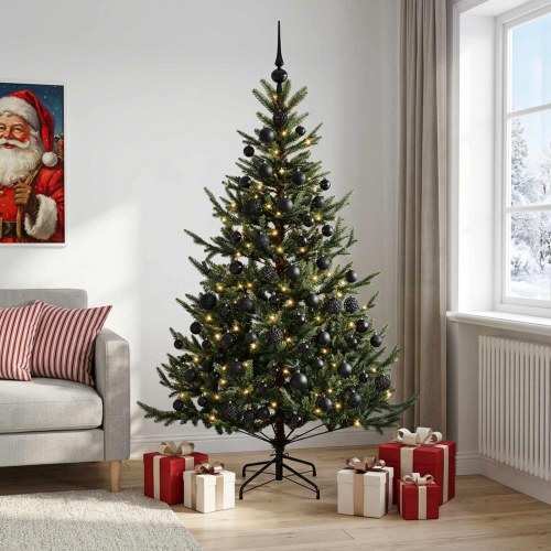 Kunstigt juletræ med LED-lyskæde og julekugler 240 cm - grøn