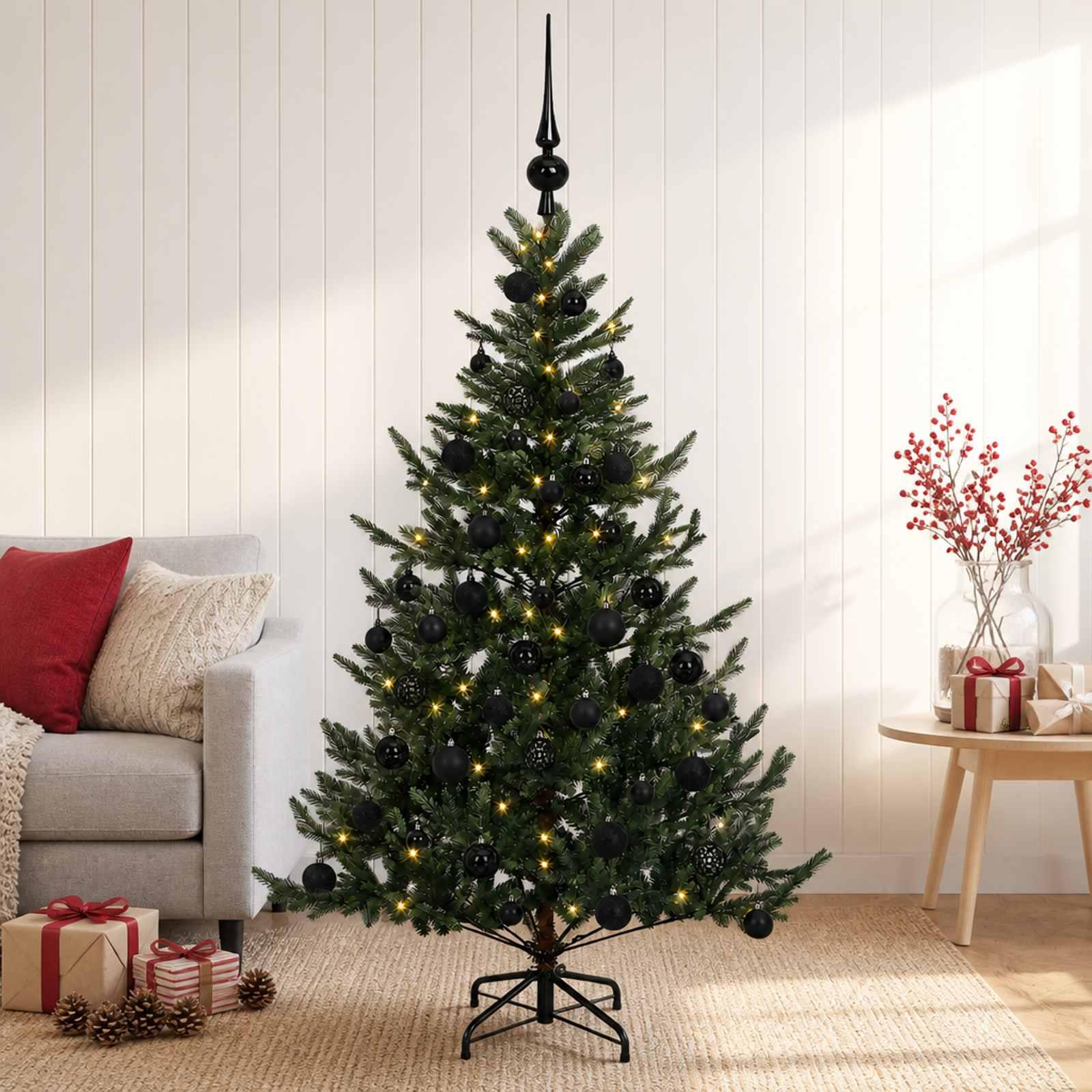 Kunstigt juletræ med LED-lys og julekugler - 120 cm