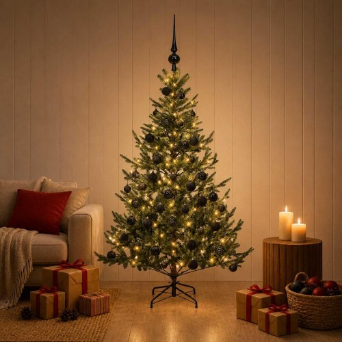 Kunstigt juletræ med LED-lys og julekugler - 120 cm