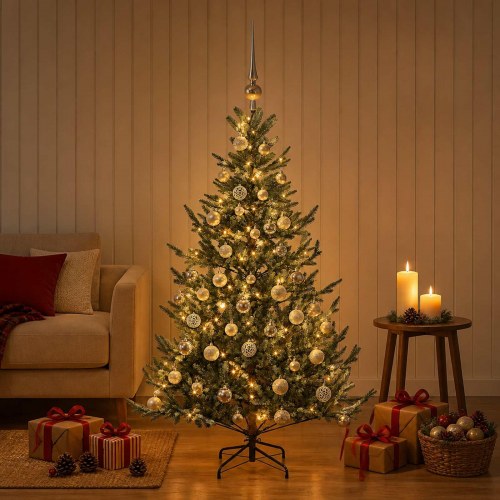 Kunstigt juletræ med julekugler og 150 LED - 120 cm