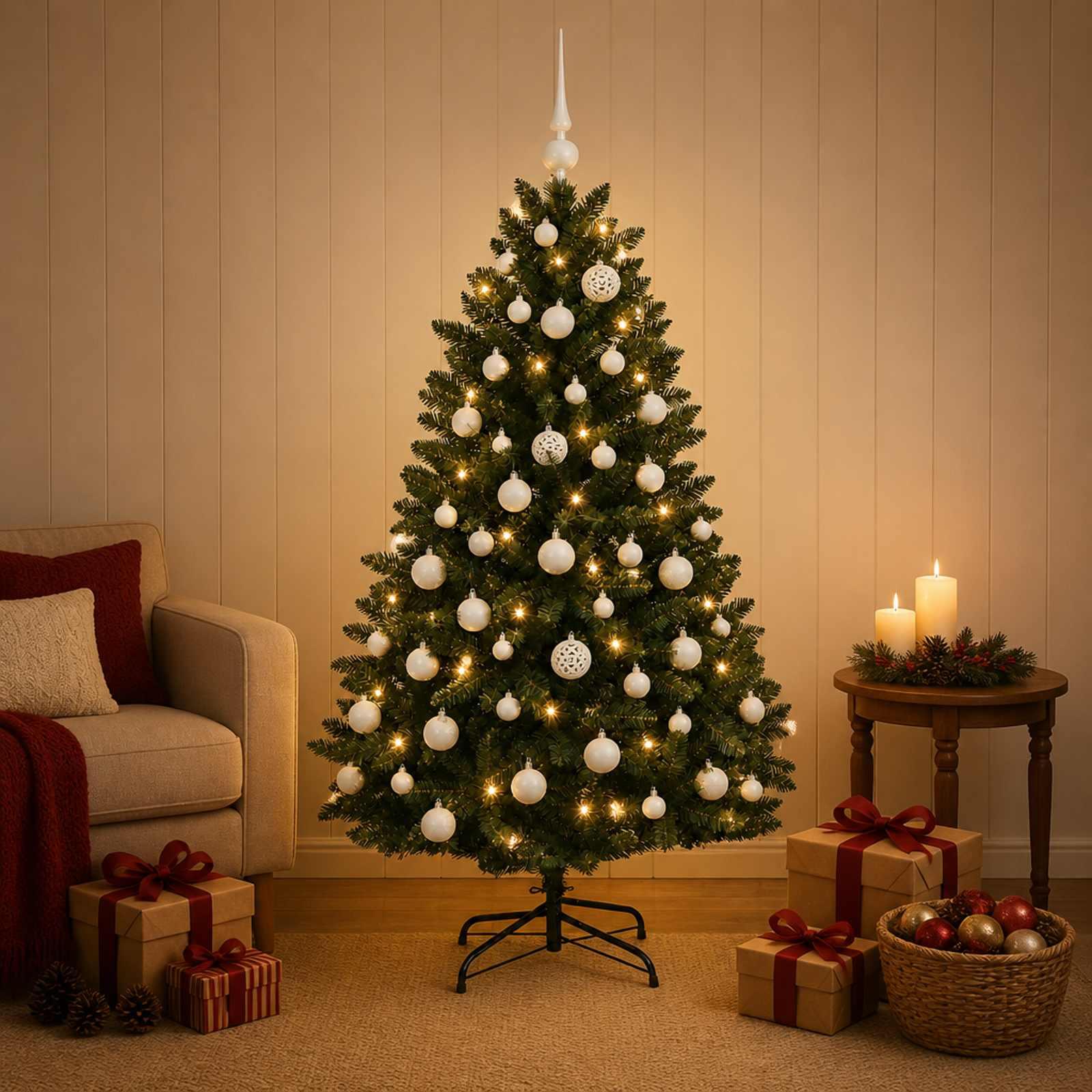 vidaXL Kunstigt juletræ mørkegrønt med julekugler 150 cm 150 LED'er