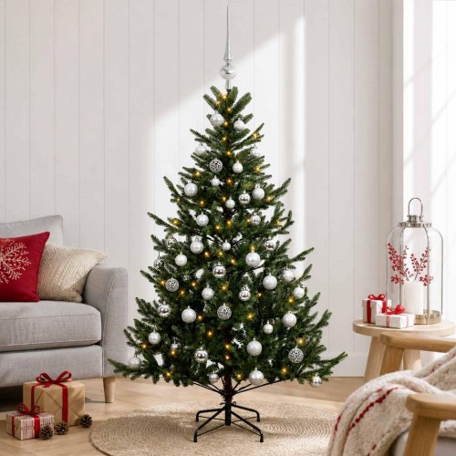 Kunstigt juletræ med julekugler og LED-lys 150 cm - varm hvid