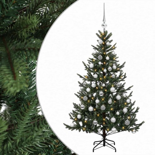 Kunstigt juletræ med julekugler og LED-lys 150 cm - varm hvid