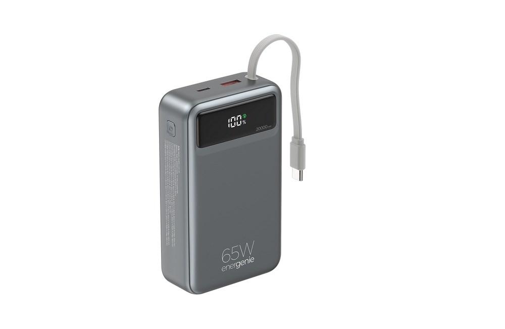 Gembird PB20-PD65-LCD-01 powerbank 20.000 mAh 65 W med integrerede kabler - sort