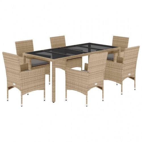 Spisebordssæt til haven 7 dele - polyrattan, glasbord, beige (OUTLET D)