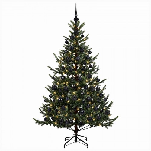 Kunstigt juletræ med LED-lyskæde og kugler 210 cm - grøn