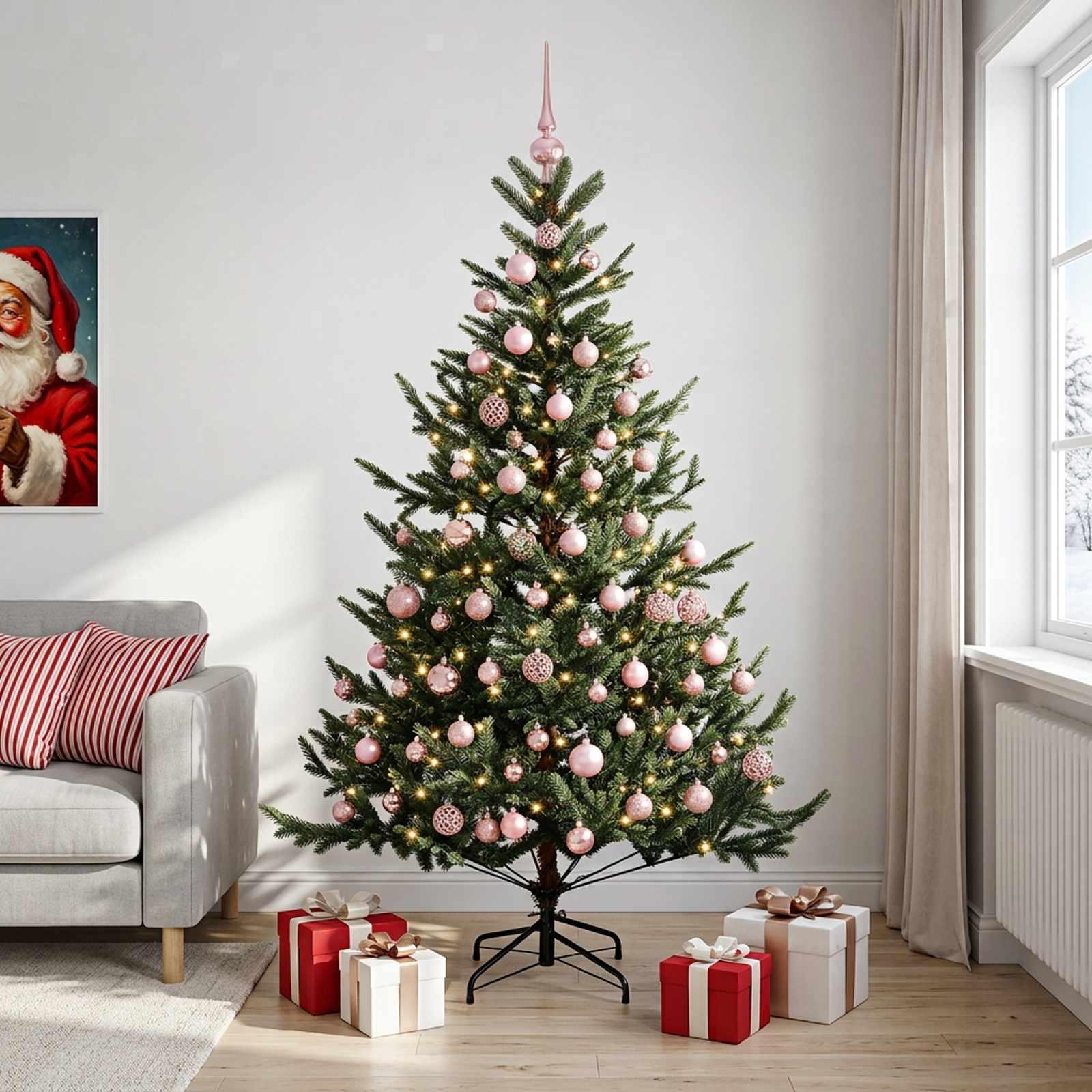 Kunstigt juletræ med julekugler og LED-lys 210 cm