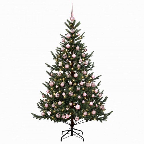 Kunstigt juletræ med julekugler og LED-lys 210 cm
