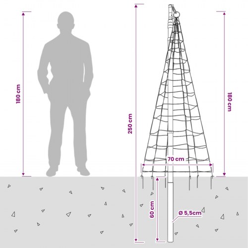 Juletræslys med flagstang 180 cm - 200 LED, flerfarvet