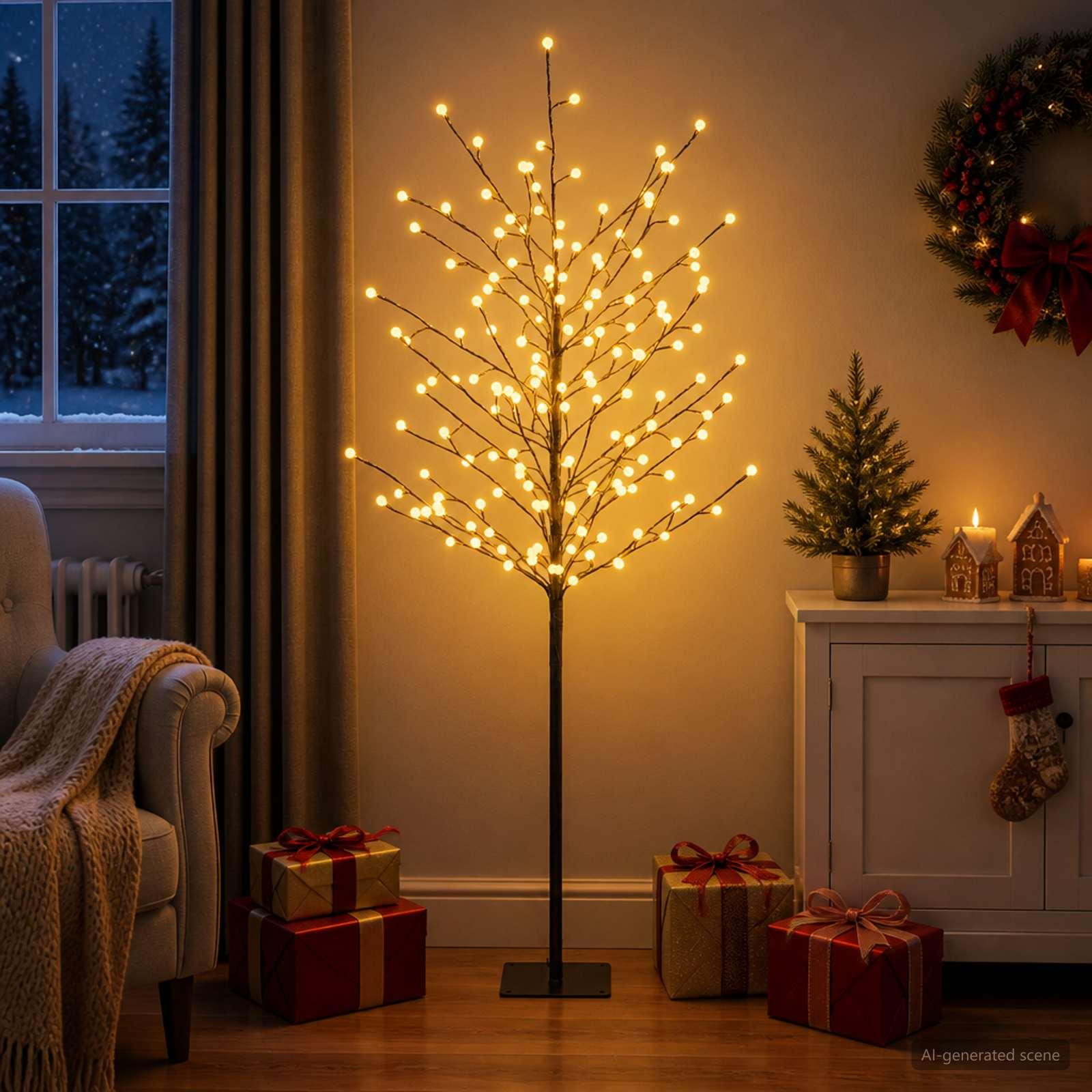 LED-juletræ med kugler Sort 18 x 18 x 150 cm Stål 185 LED'er 150 cm, Varm hvid