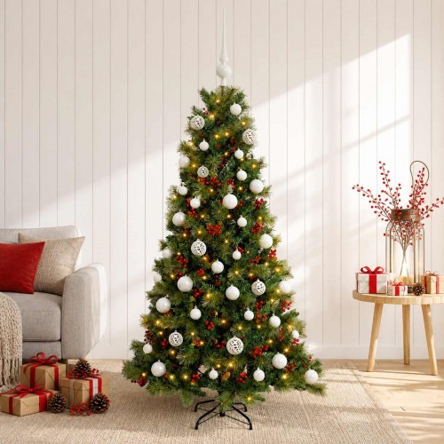 Kunstigt juletræ med julekugler og LED-lys - 120 cm