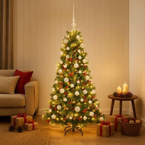 Kunstigt juletræ med julekugler og LED-lys - 120 cm
