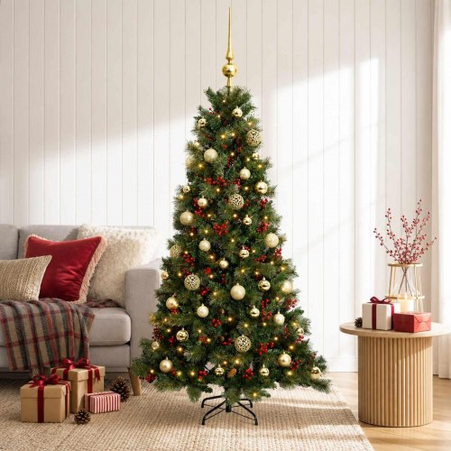Kunstigt juletræ med julekugler og LED-lys 120 cm - varm hvid