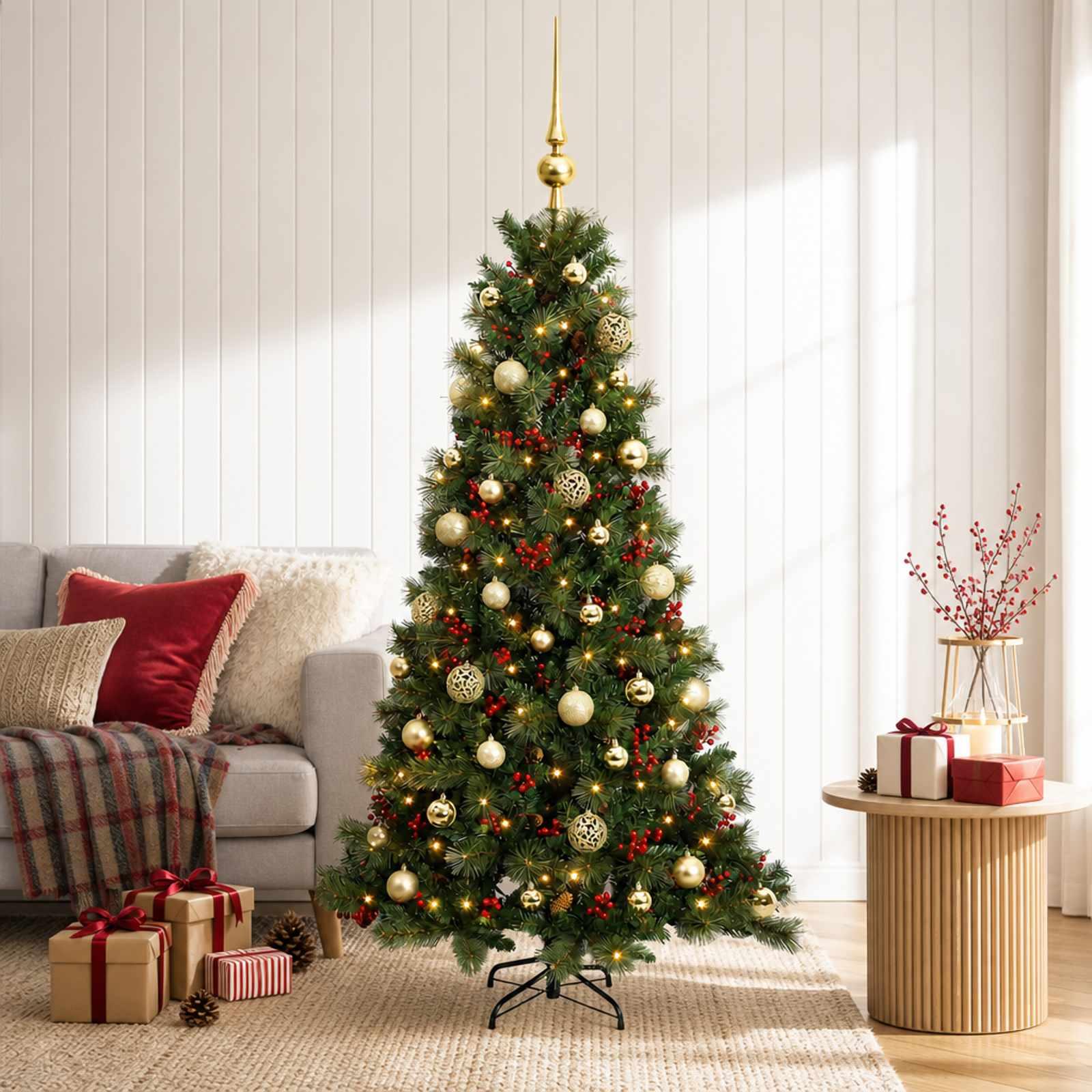 Kunstigt juletræ med julekugler og LED-lys 120 cm - varm hvid